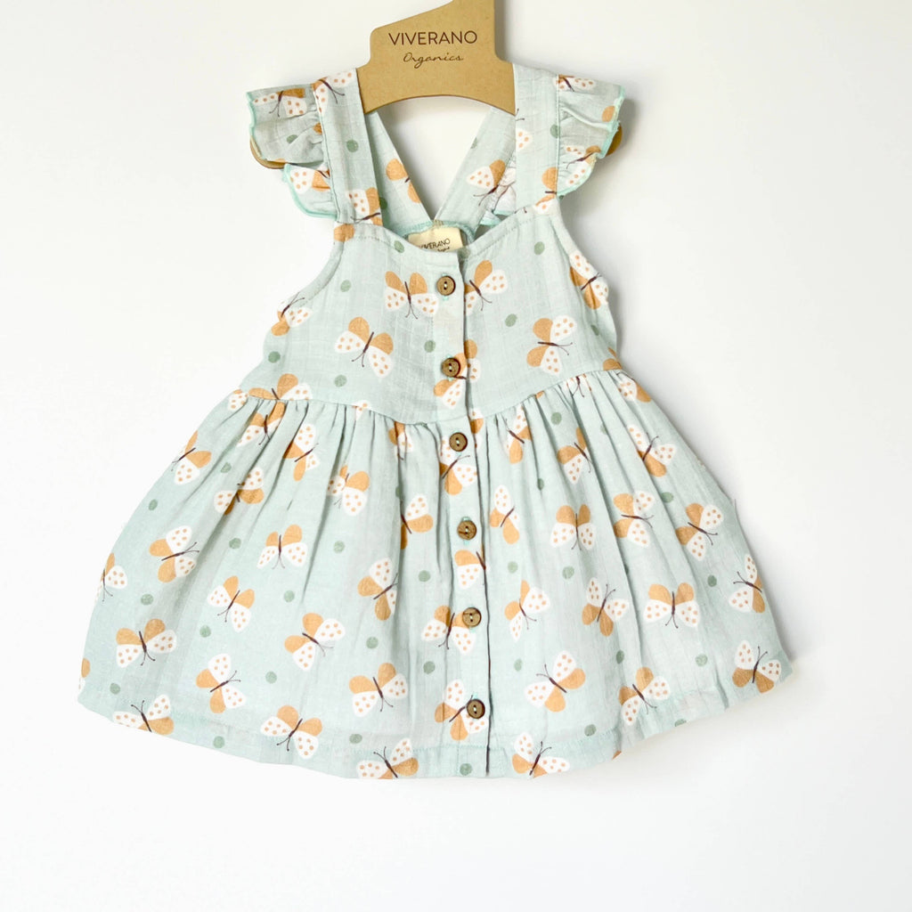 Viverano Organics - Butterfly Ruffle Button Baby Dress+Bloomer (Organic Muslin), 0-3mo