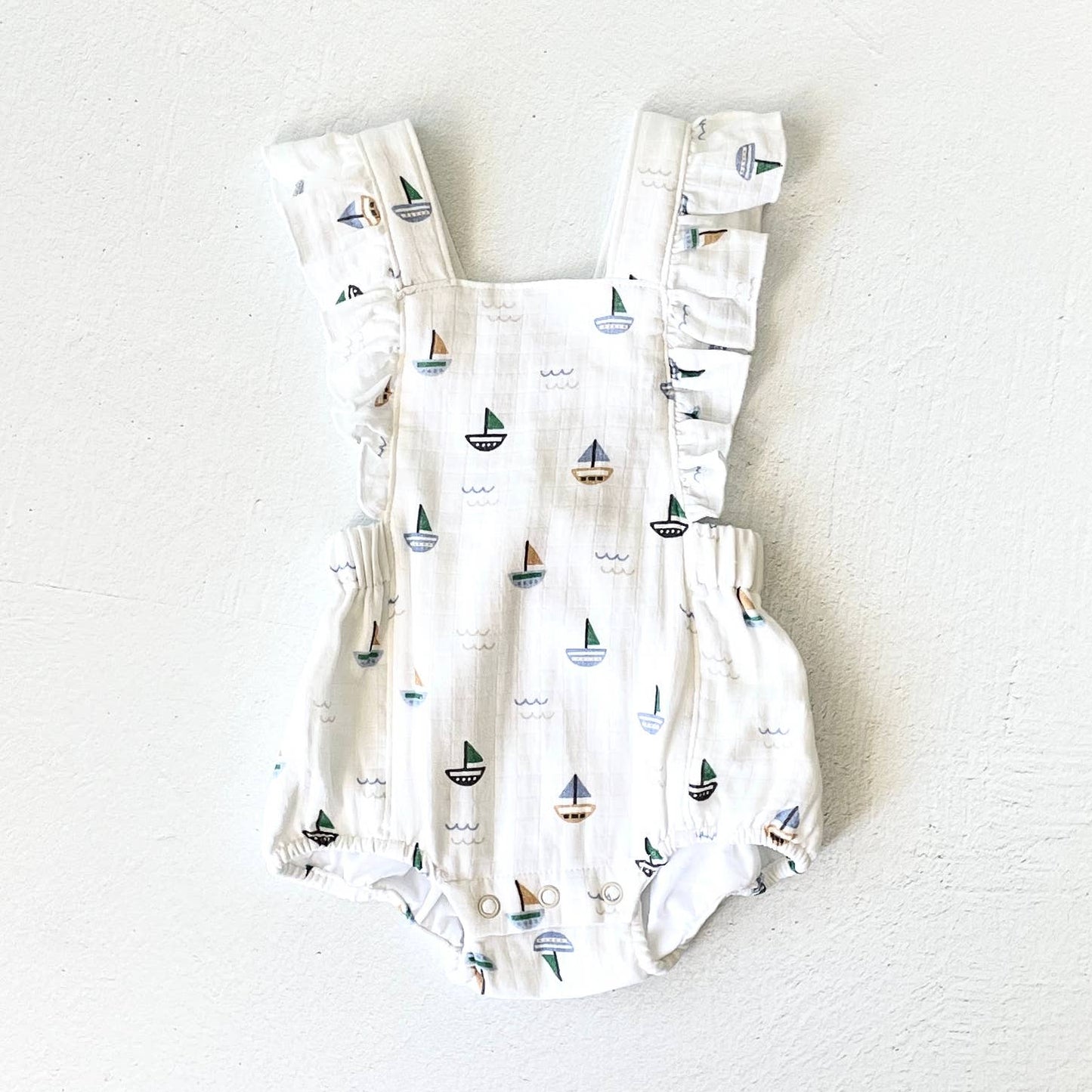 Viverano Organics - Sailboat Ruffle Criss Cross Baby Romper (Organic Muslin), 0-3mo