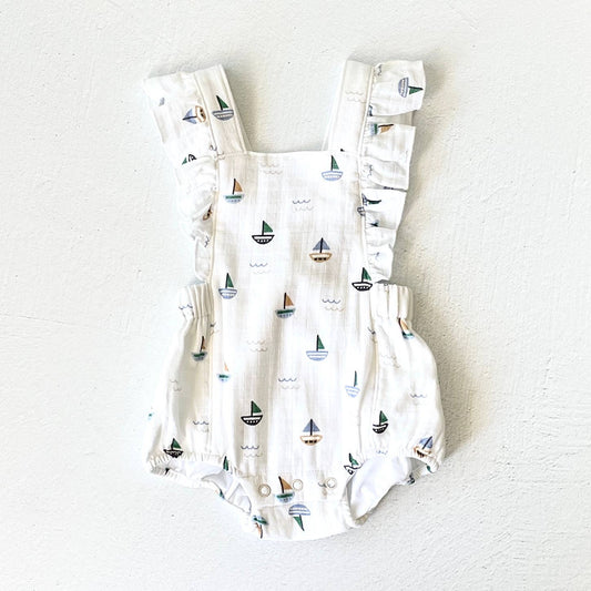 Viverano Organics - Sailboat Ruffle Criss Cross Baby Romper (Organic Muslin), 0-3mo
