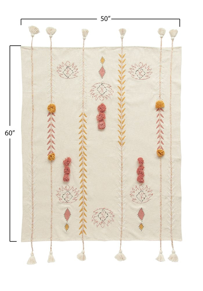 Sanctuary Embroidered Throw with Tassels & Applique in Cream