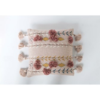 Square Cotton Embroidered Pillow w/ Tassels & Applique, Pink