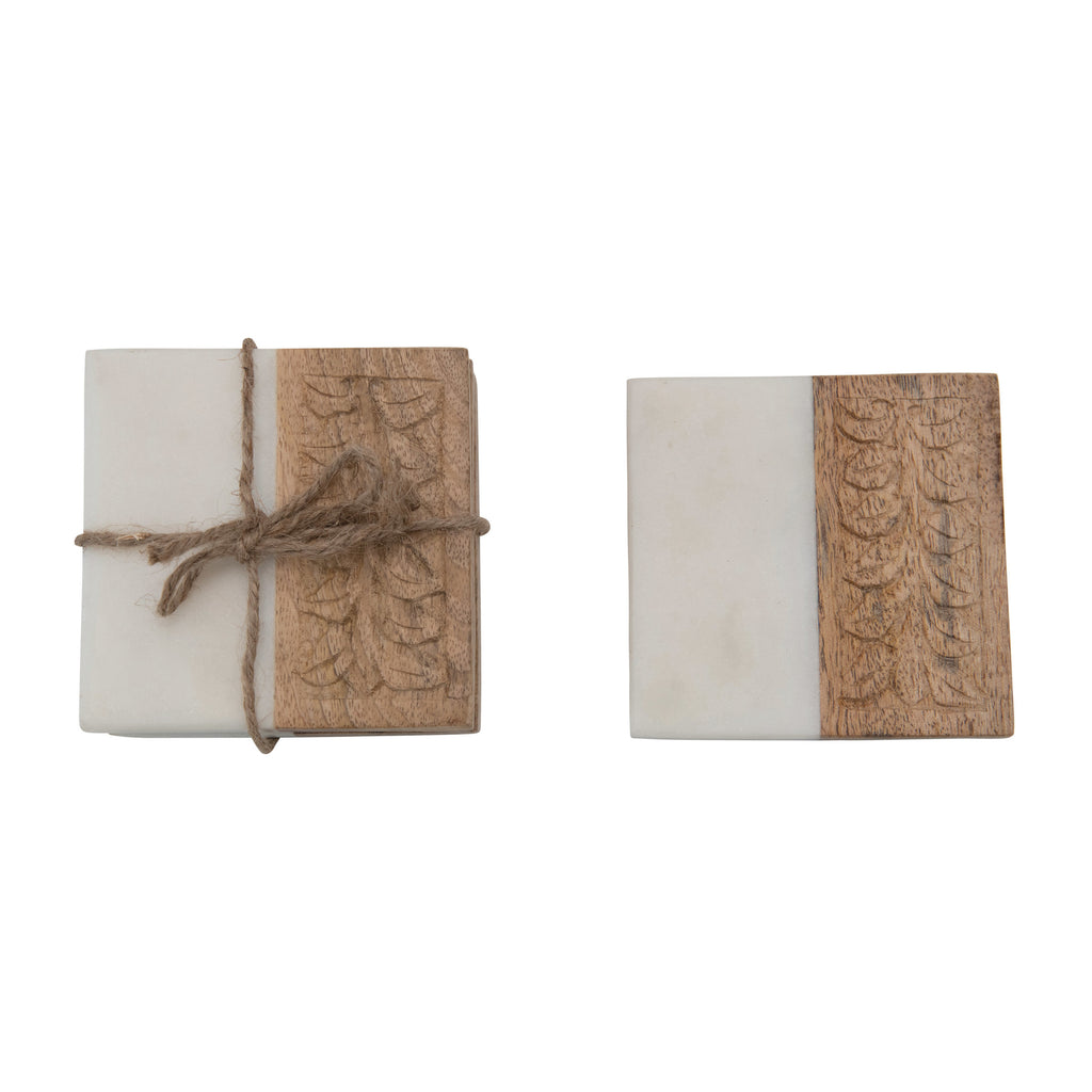 Marble and Hand-Carved Wood Coasters, Set of 4