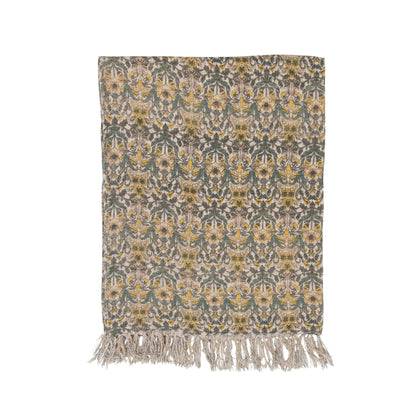 Cotton Slub Throw with Floral Pattern and Fringe