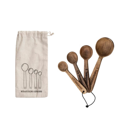 Mango Wood Measuring Spoons, Set of 4 in Printed Drawstring Bag