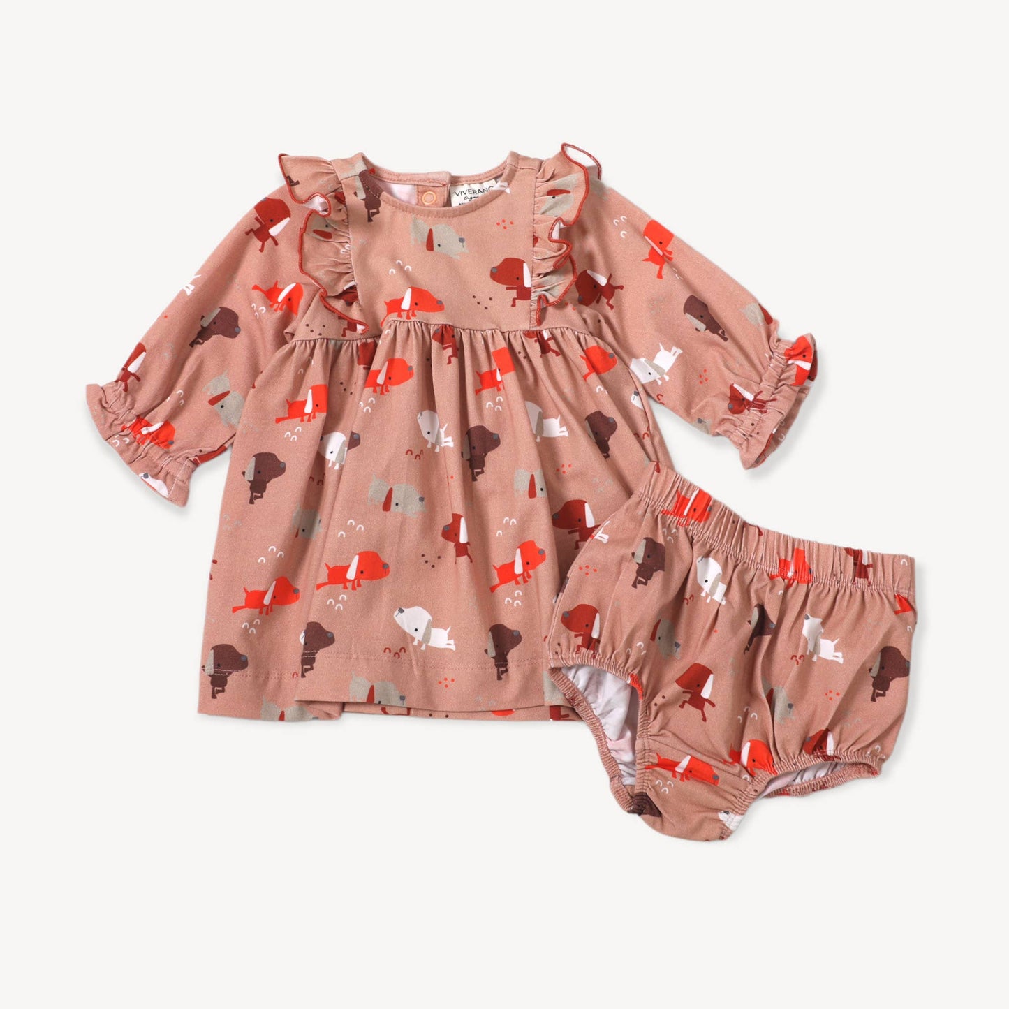 Viverano Organics - Yoga Dog Baby Ruffle Dress+Bloomer Set (Organic Cotton), 3-6mo