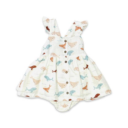 Viverano Organics - Whales Ruffle & Button Baby Dress+Bloomer (Organic Muslin): 12-18M / Natural