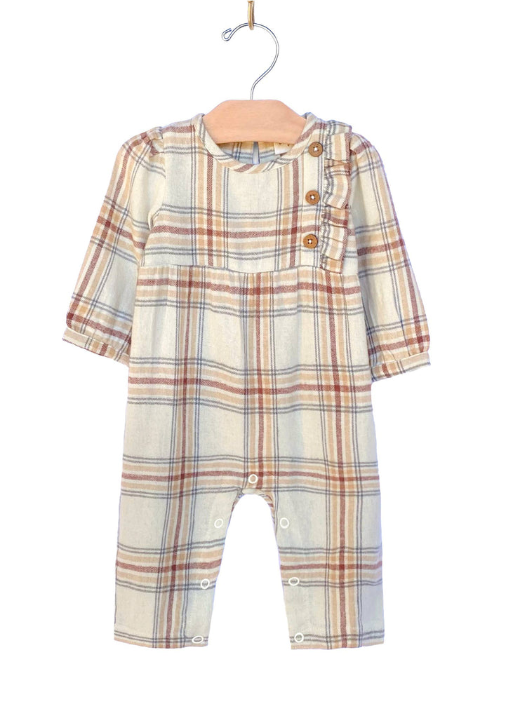 City Mouse Studio - Flannel Side Button Romper- Light Taupe 18-24 M