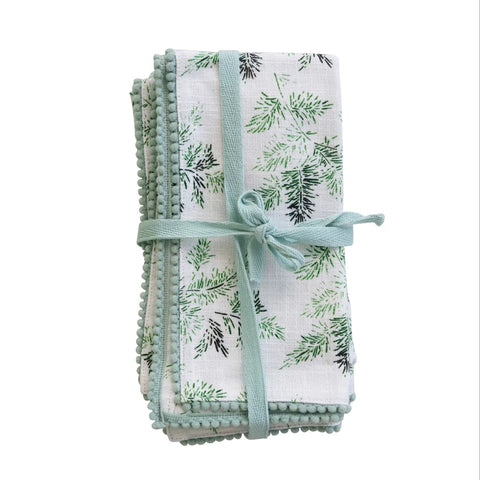 Cotton Printed Napkins with Evergreen Botanical Pattern