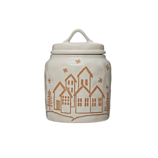 Stoneware Canister with Wax Relief Winter Town Image, Reactive Glaze