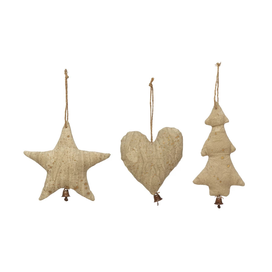 Antiqued Canvas Ornament with Gold Dots and Bell