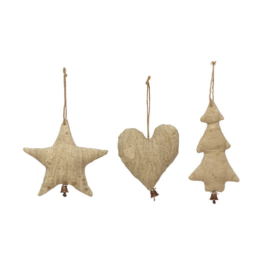 Antiqued Canvas Ornament with Gold Dots and Bell